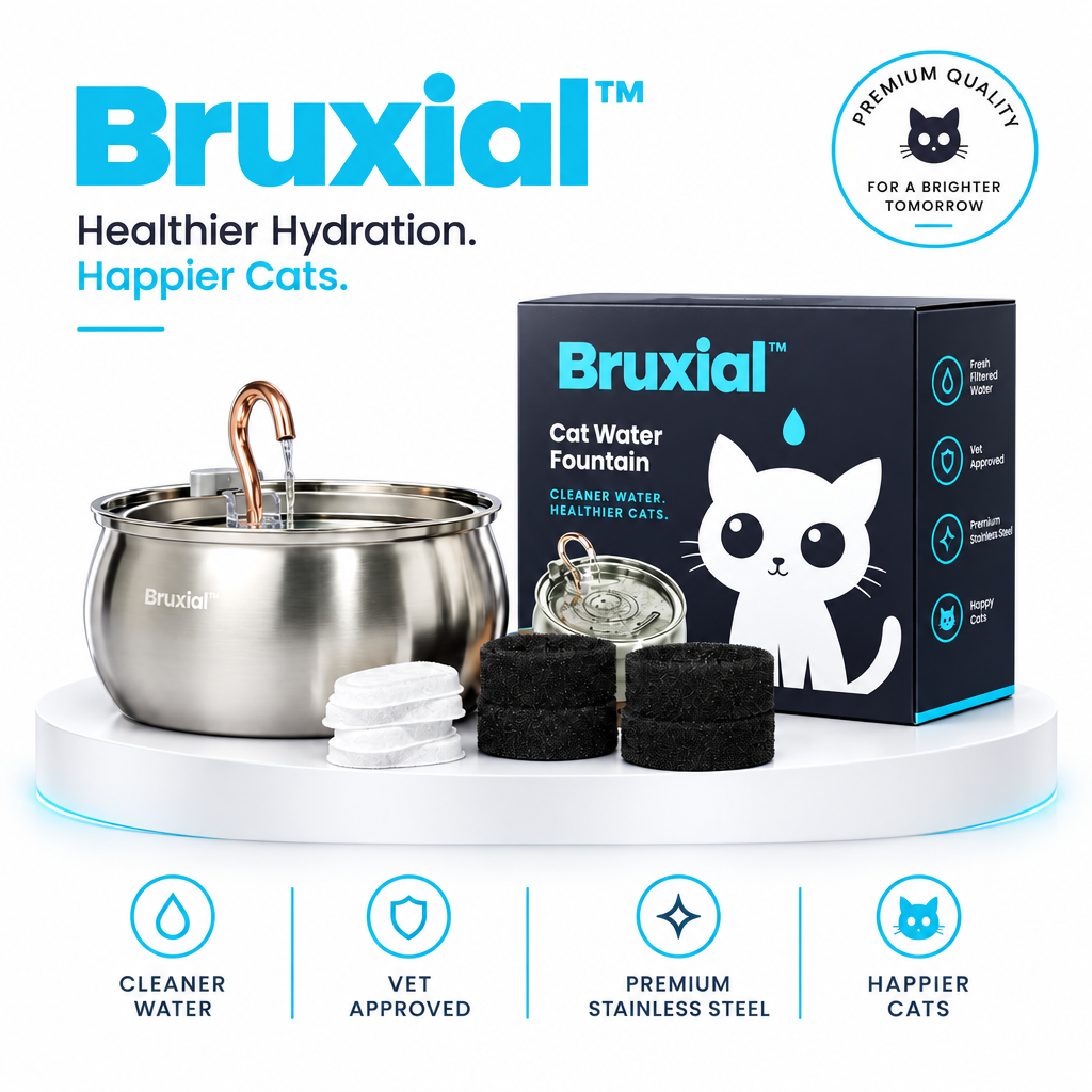 Bruxial cat fountain kit with a stainless steel bowl, copper-finished spout, black filter cartridges, white plastic bowls, and the product box on a white background.