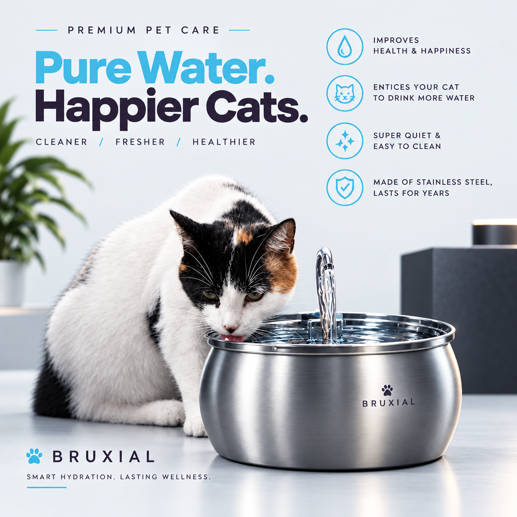 Cat drinking from a stainless steel water bowl with key benefits listed above.