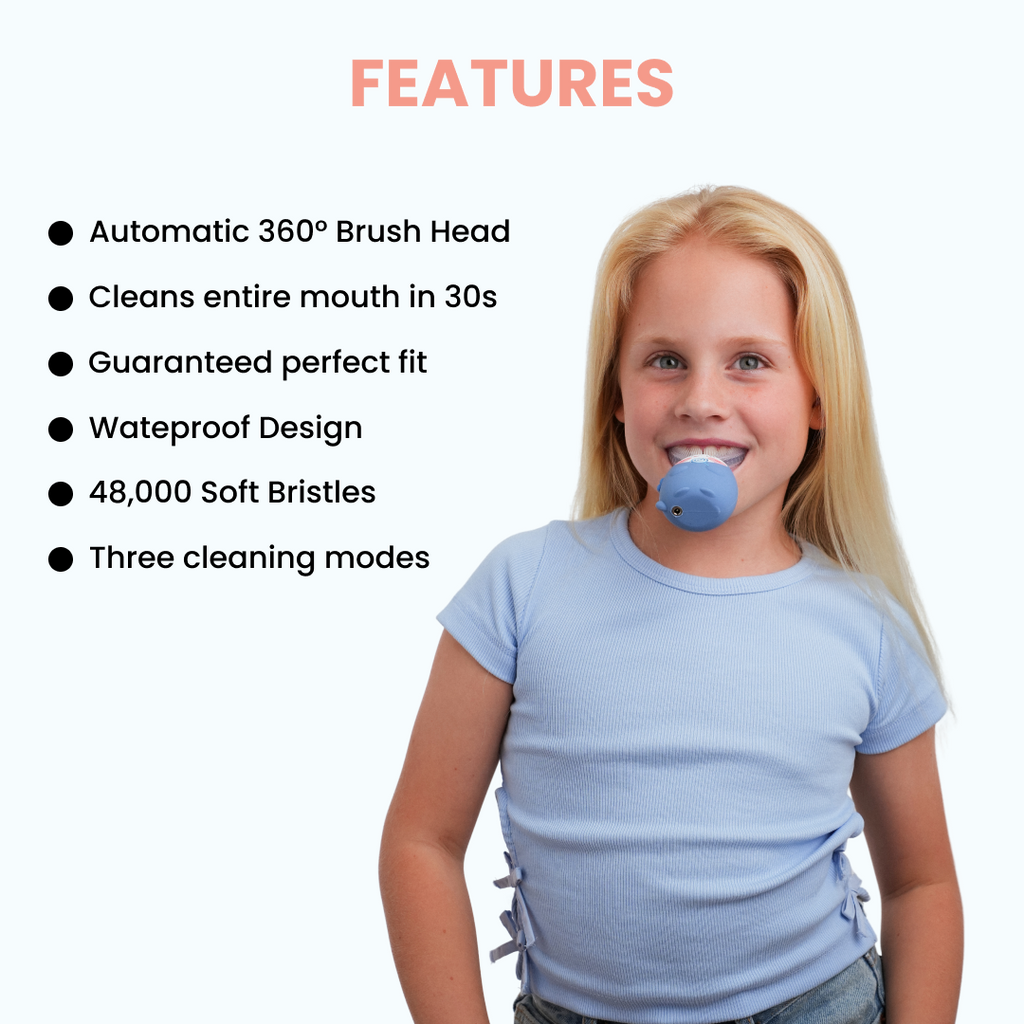 Child wearing a blue dental device with features listed on a white background