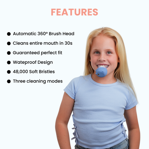 Child wearing a blue dental device with features listed on a white background
