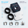 Stainless steel replacement filters and foam rings shown with a branded box on a white background, plus four small circular inset diagrams at the bottom illustrating use on different pot types. No person, animal, or real environment is present, so this is Product/Packaging.