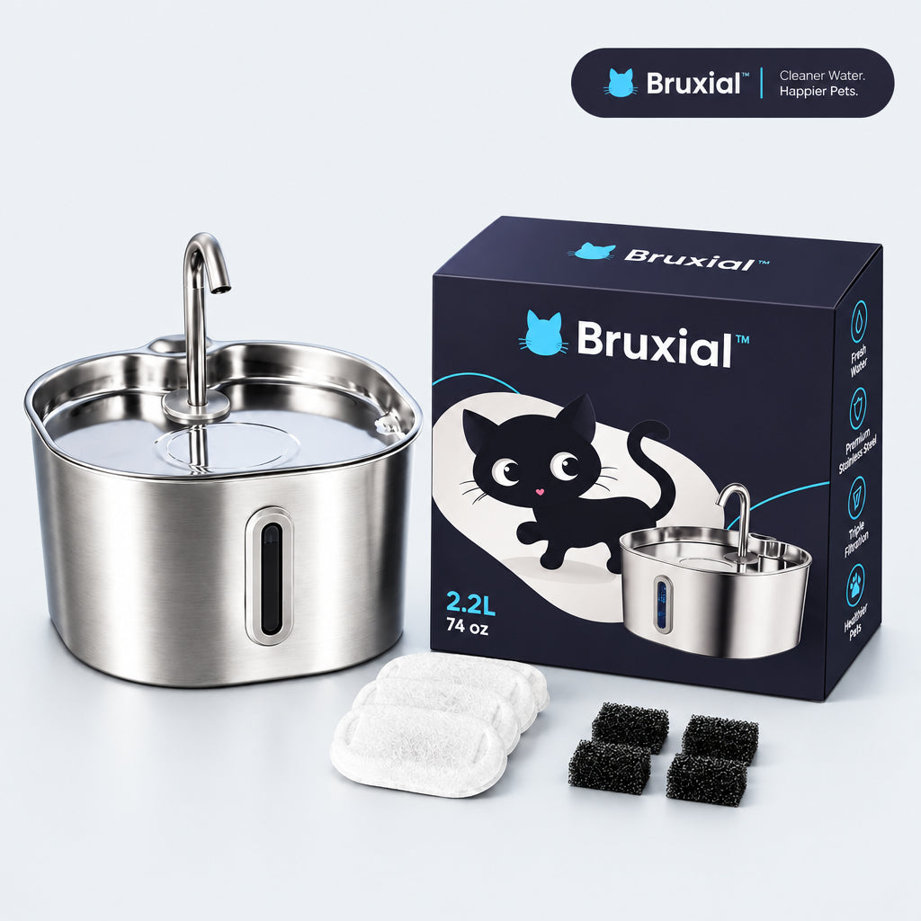 Stainless steel cat water fountain with Bruxial packaging and accessories on a white background