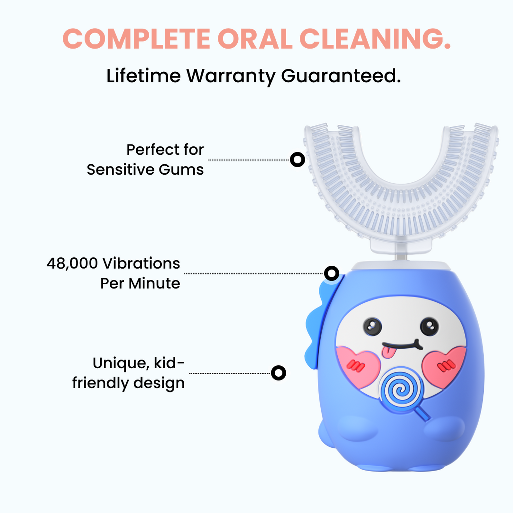 Blue children's toothbrush with features highlighted on a white background
