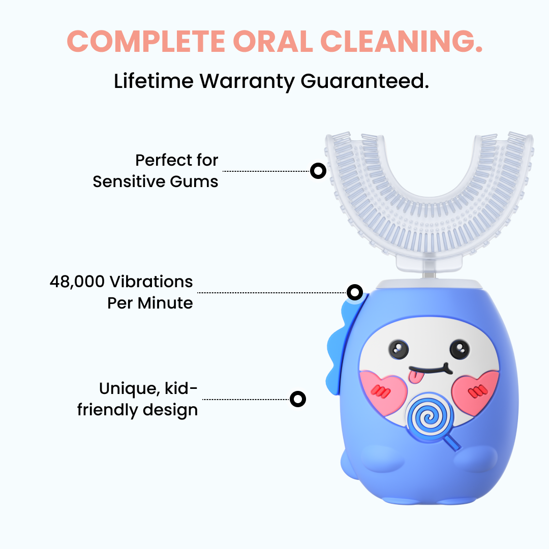 Blue children's toothbrush with features highlighted on a white background