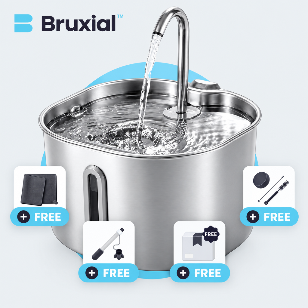 Stainless steel water fountain with free accessories on a white background