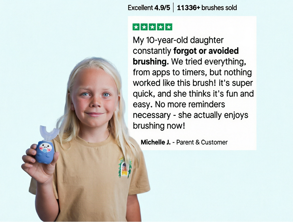 A young girl with blonde hair wearing a beige t-shirt holds a small blue U Shaped Electronic toothbrush while standing next to a white text box containing a customer review.